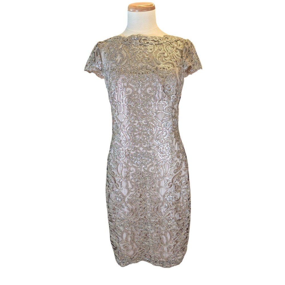 Tadashi Shoji‎ Gold Sequin Lace Sheath Cocktail Evening Dress 8 AZZ1812M Cap